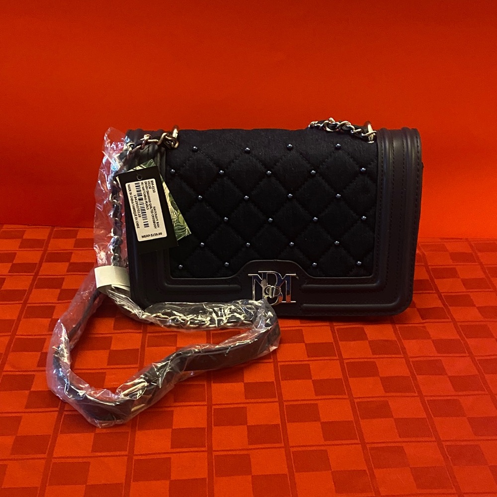Badgley Mischka Denim Diamond Quilted Crossbody Bag With Faux Pearls